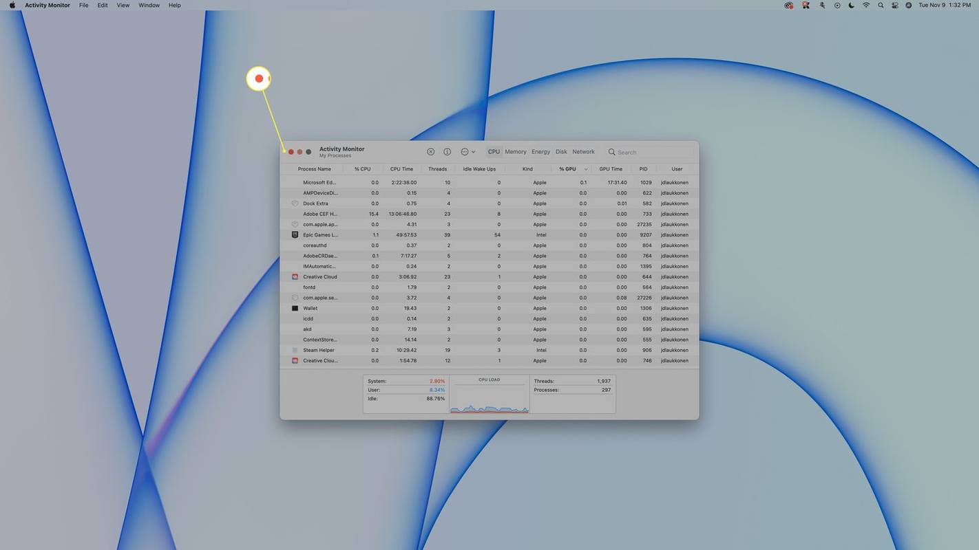 A piros ablak bezárása gomb Mac számítógépen az Activity Monitorban kiemelten