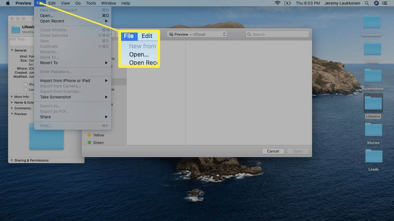 Le menu Fichier dans l’application Aperçu sur macOS.