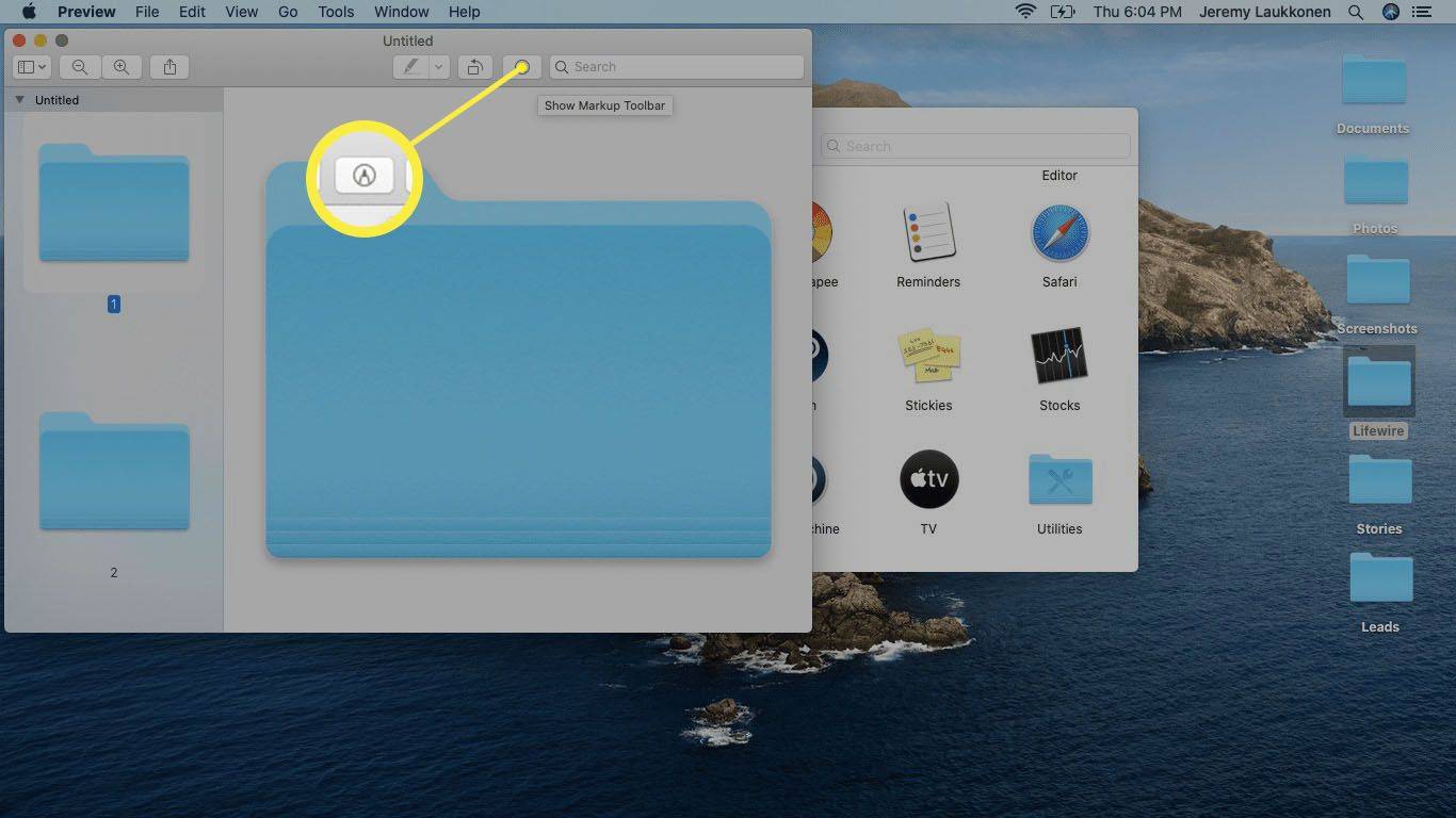 macOS의 미리보기 앱에 강조 표시된 마크업 도구.