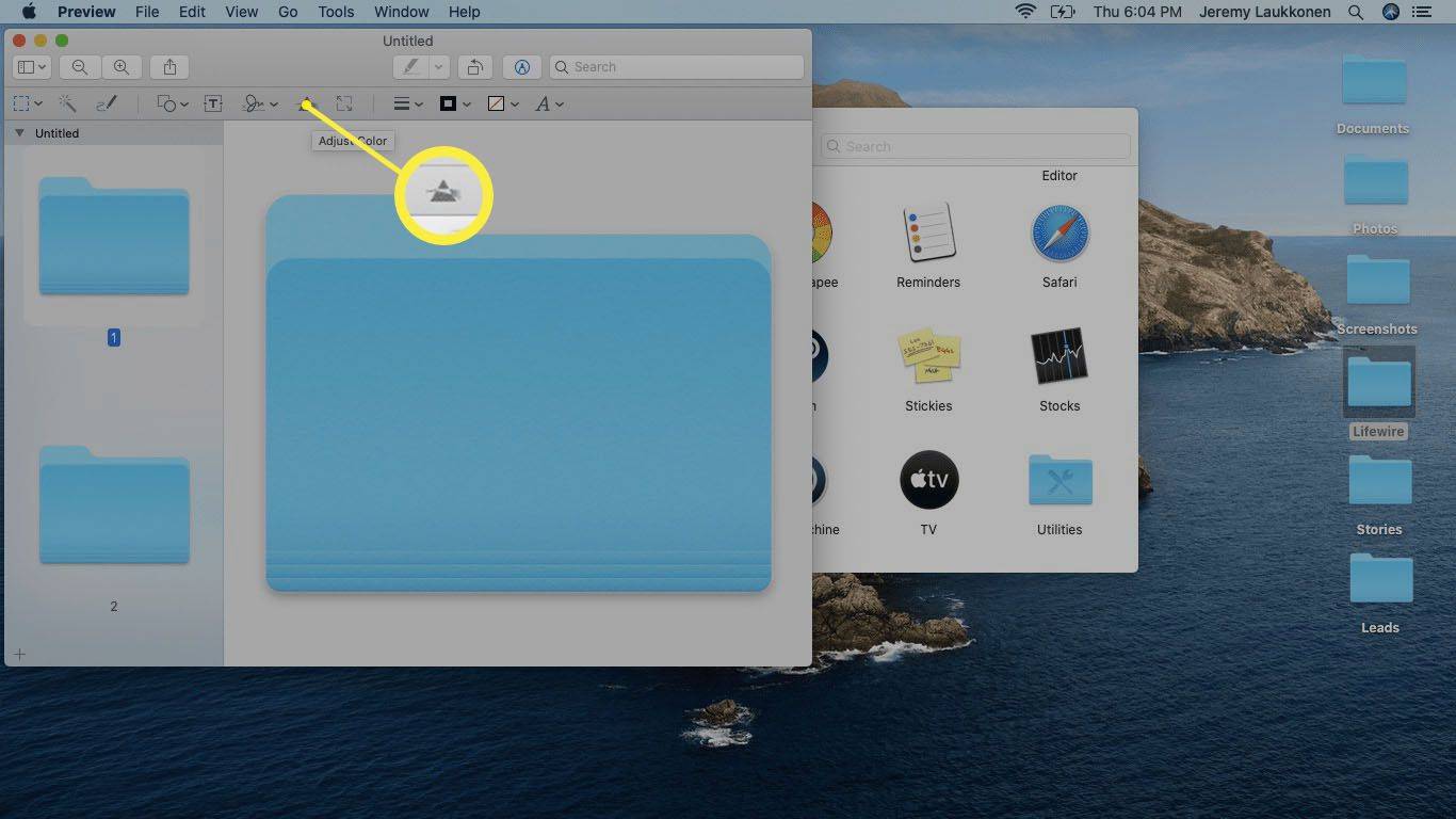 میک او ایس پر پیش نظارہ ایپ میں رنگ کو ایڈجسٹ کرنے کا ٹول نمایاں کیا گیا ہے۔