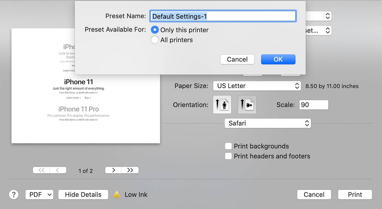 Obrazovka pojmenování pro přednastavenou tiskárnu na Macu