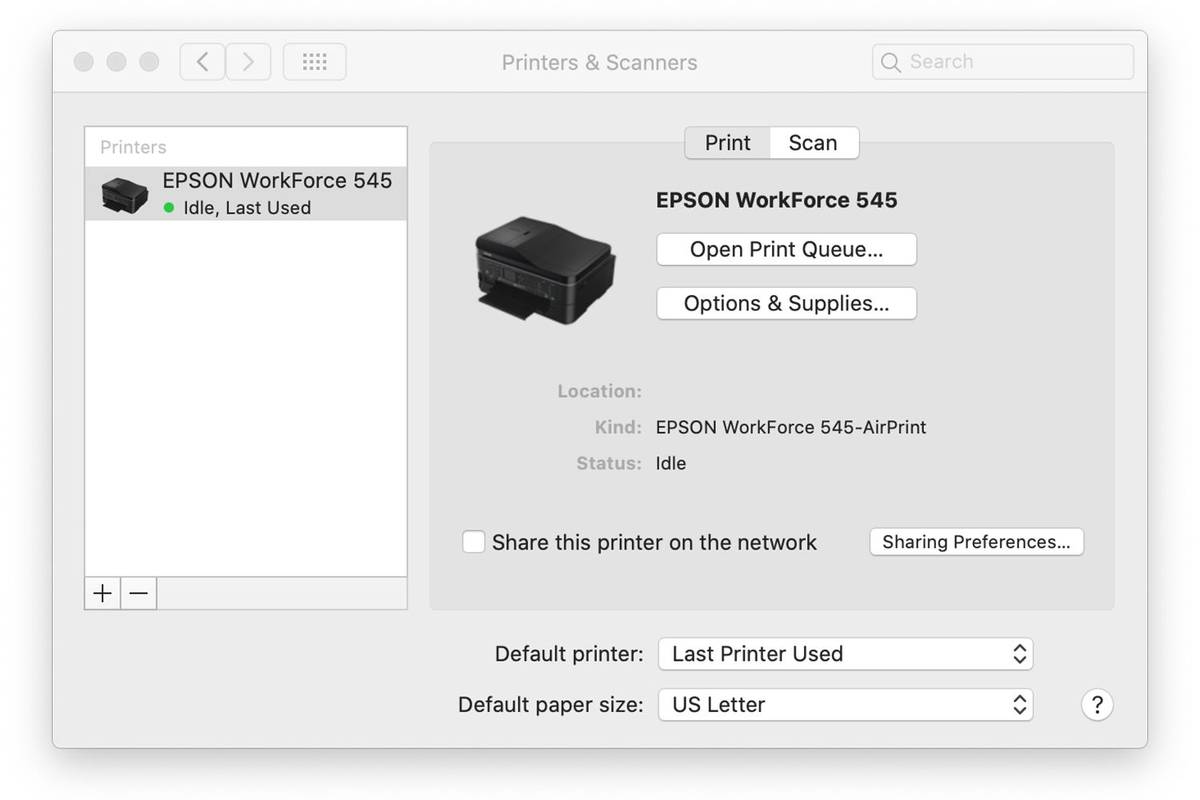 Preferencias de impresoras y escáneres en una Mac