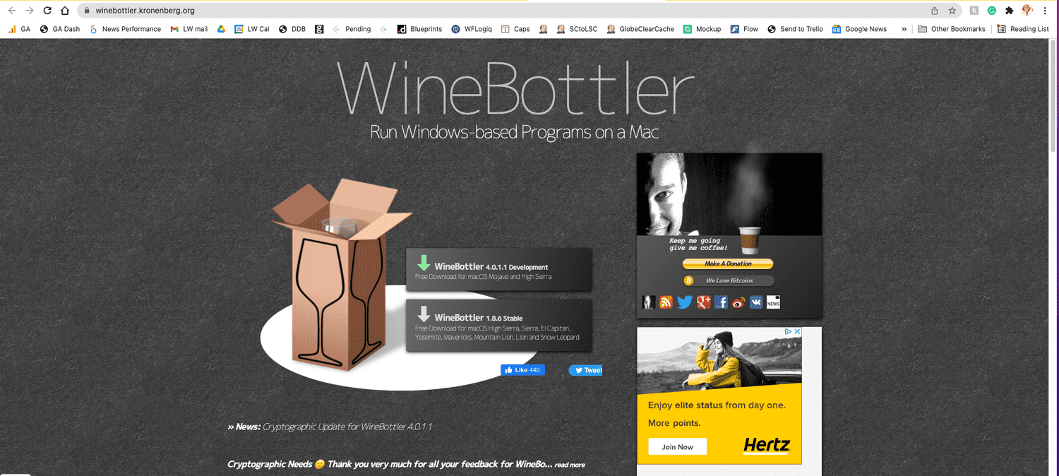 WineBottler 웹사이트의 스크린샷.