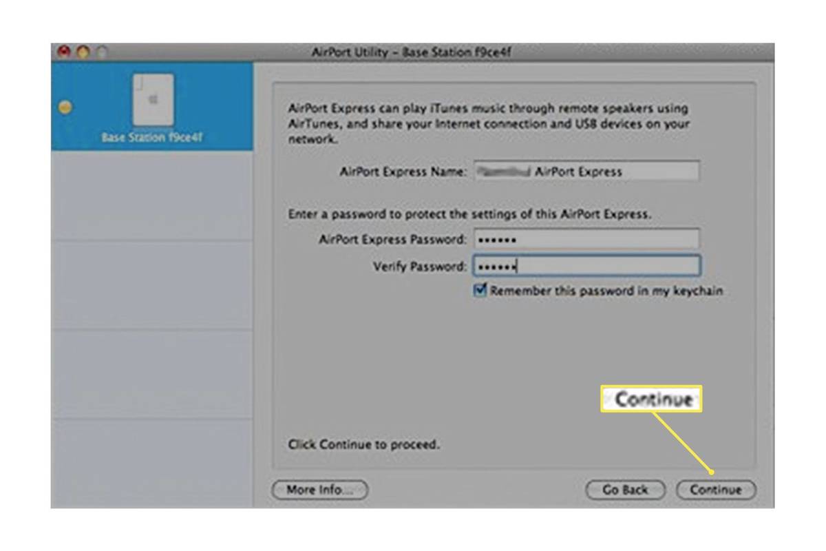 Airport Utility na komputerze Mac z zaznaczoną opcją Kontynuuj