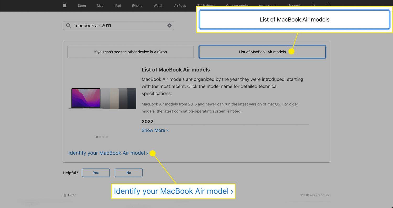 Daftar Model dan Identifikasi model Anda yang disorot di situs web Apple