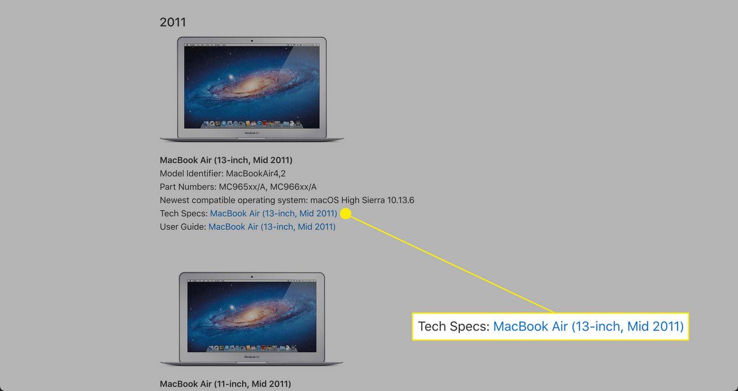 Tekniske spesifikasjoner-lenke for Mac-modell på Apple.com