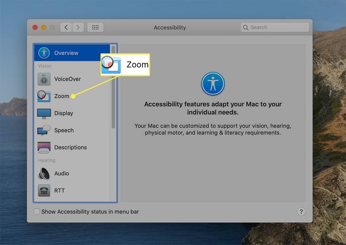 Ferramenta de zoom nas configurações de acessibilidade no macOS