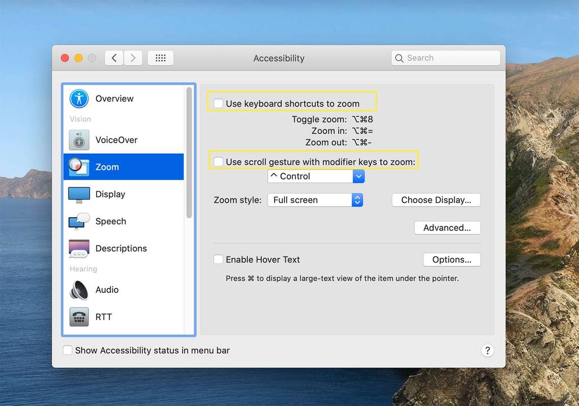 Configurações de gestos de teclado e rolagem para a ferramenta Zoom no macOS