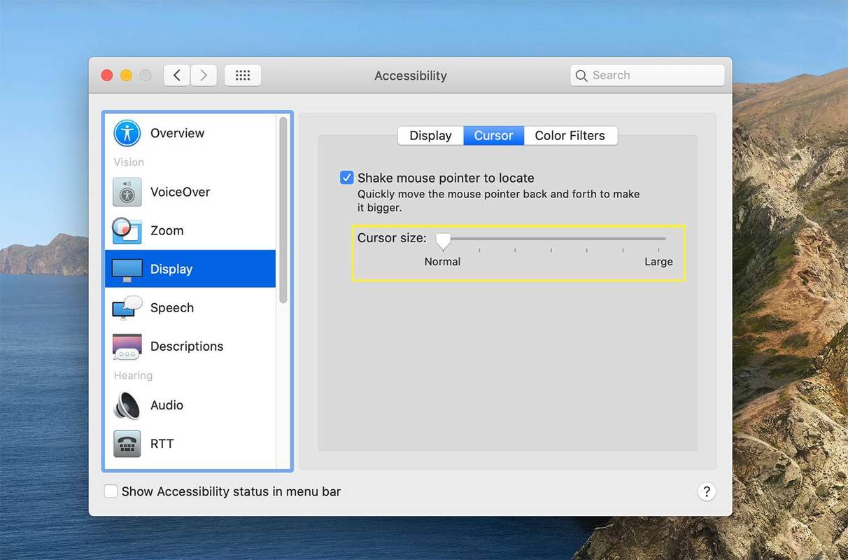 Опции за размера на курсора от настройките за достъпност на macOS