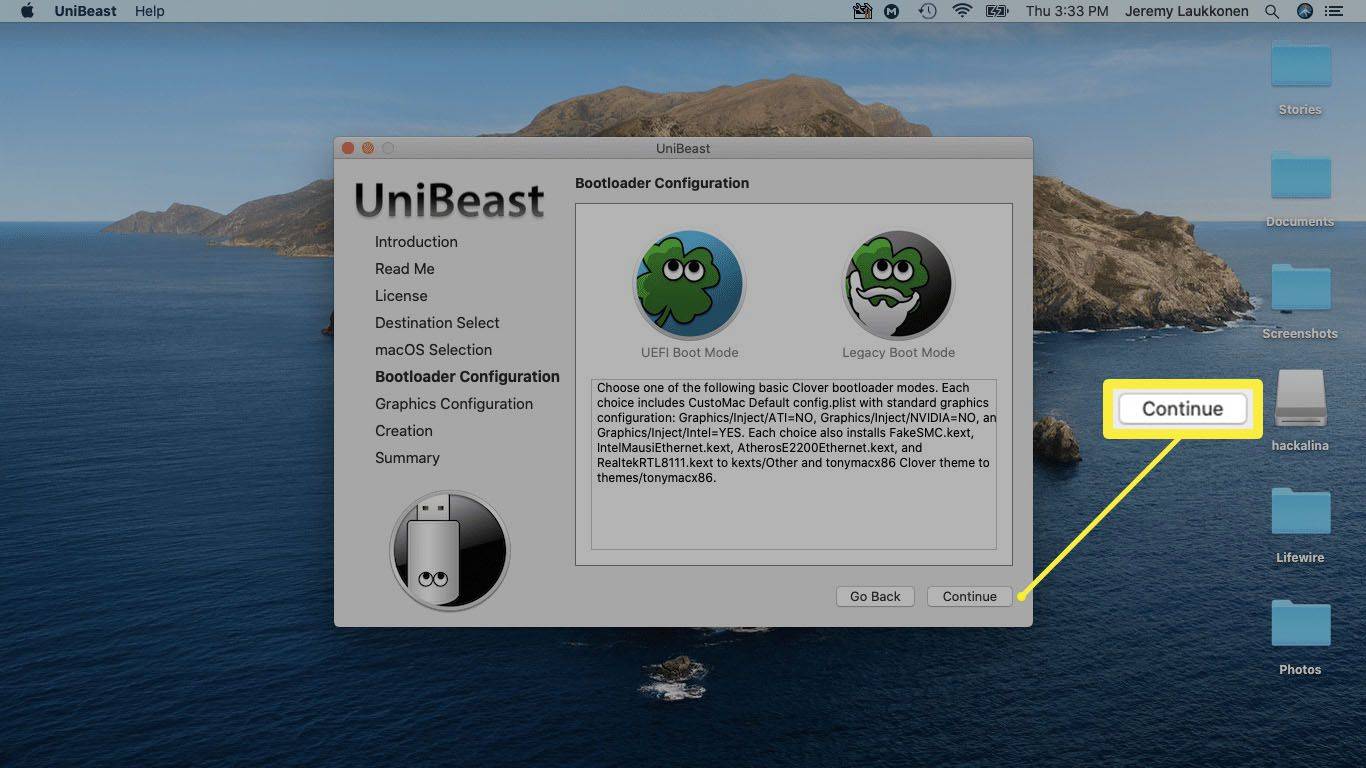 UniBeast의 부트로더 구성 스크린샷.
