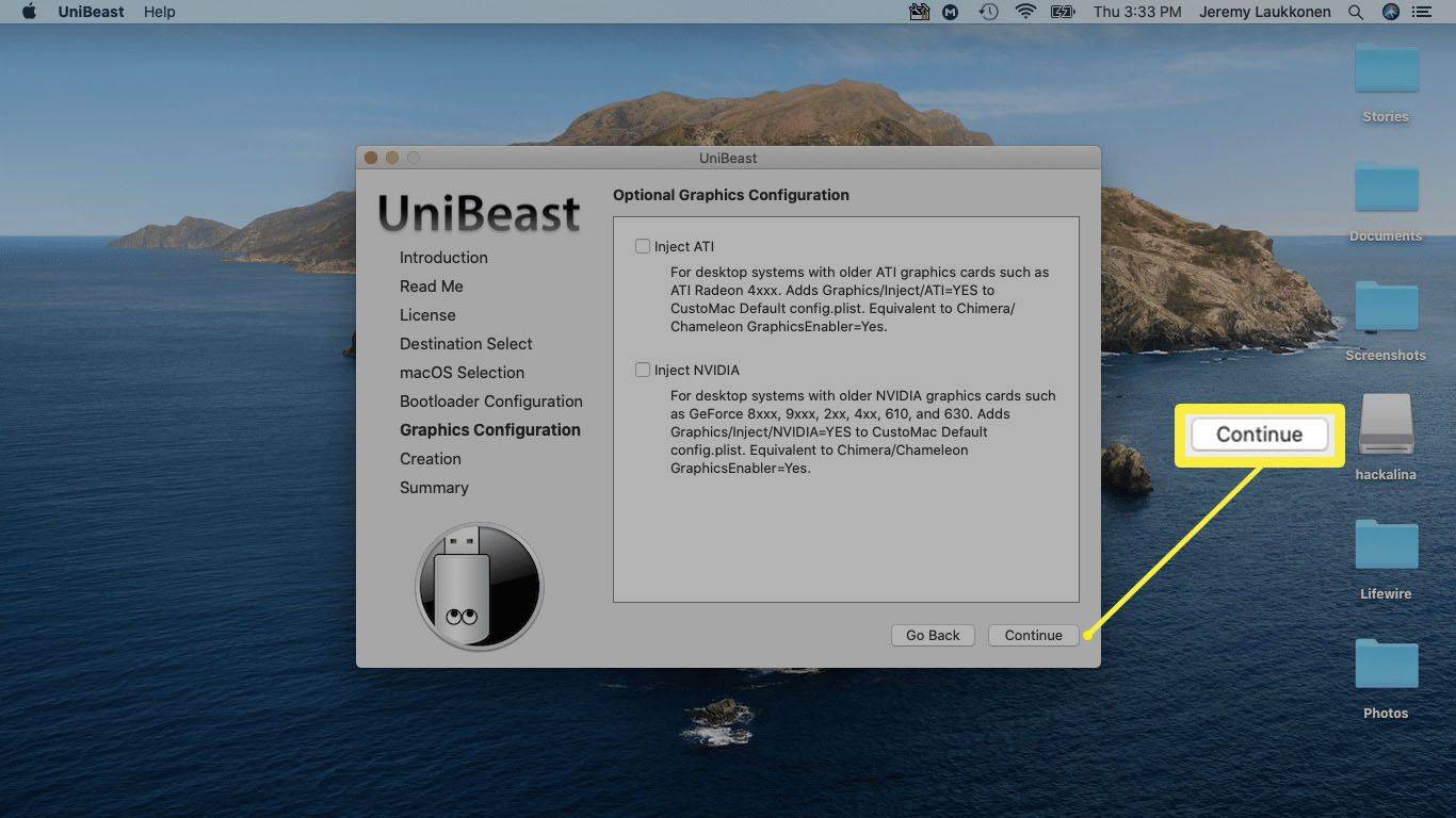 UniBeast 그래픽 옵션의 스크린샷.