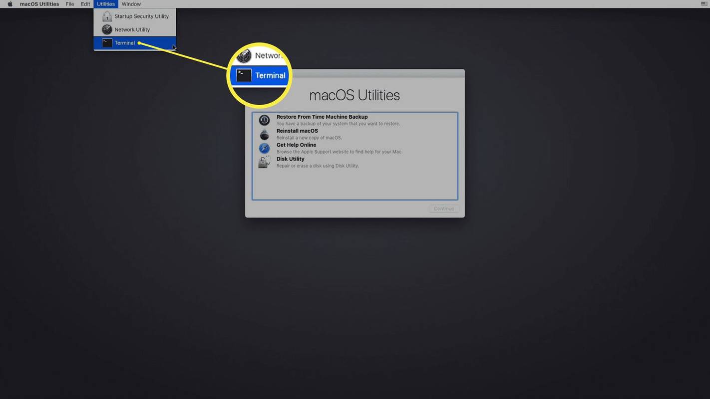 Et skjermbilde av valg av terminal i macOS Utilities.