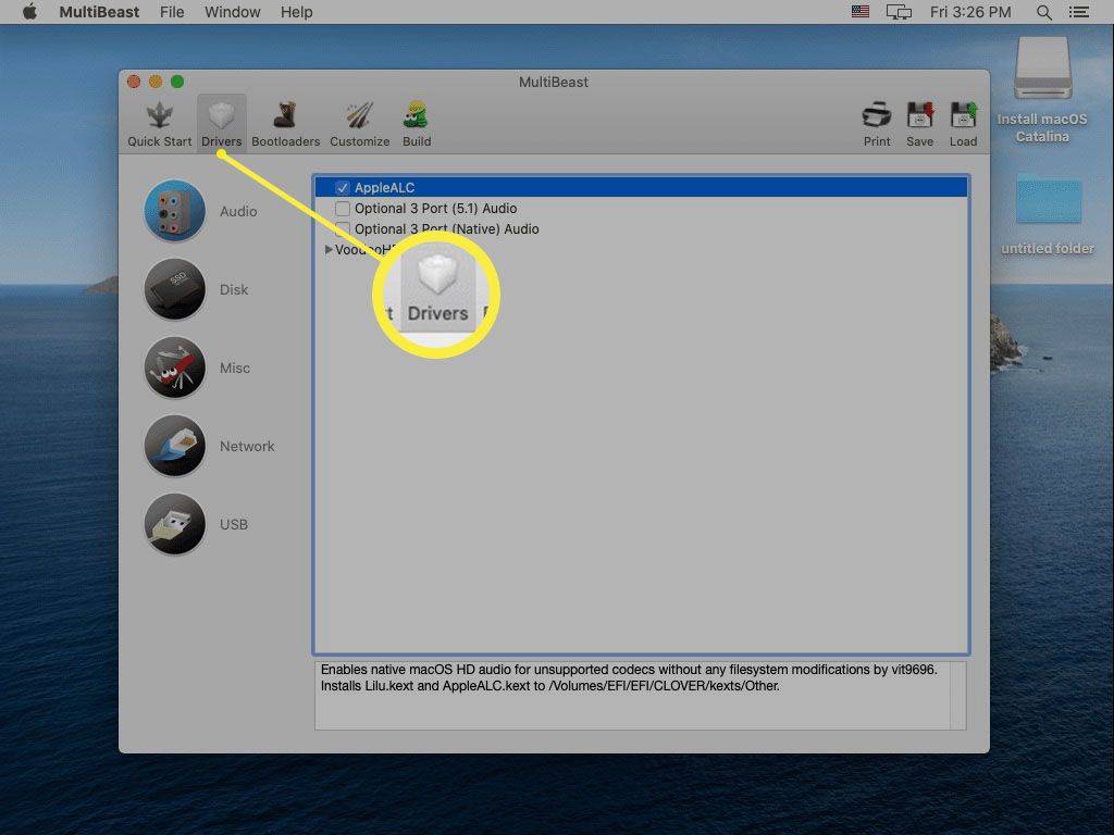 لقطة شاشة لعلامة التبويب برامج التشغيل في MultiBeast.