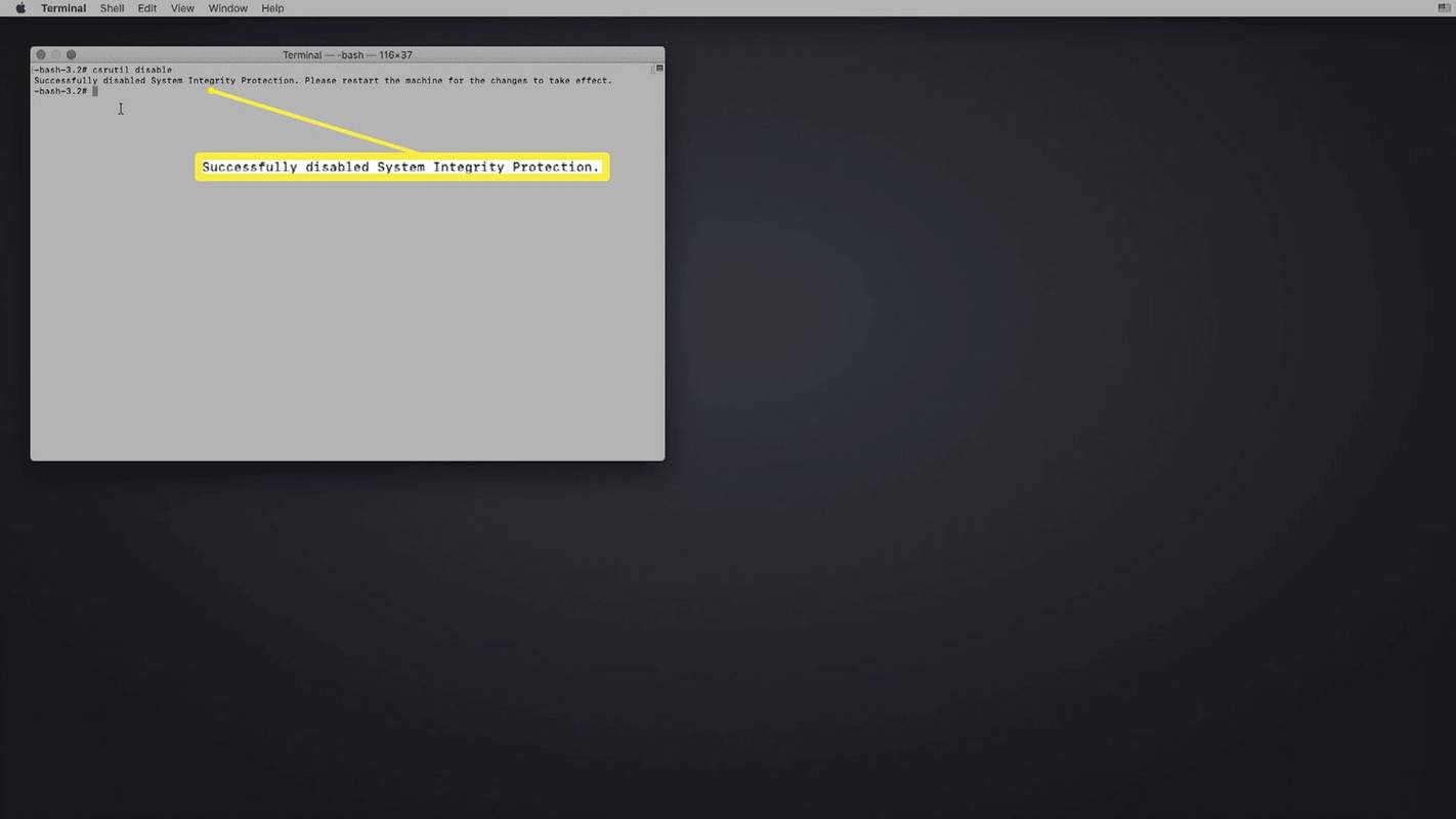 Kuvakaappaus SIP:n poistamisesta käytöstä macOS Recoveryssa.
