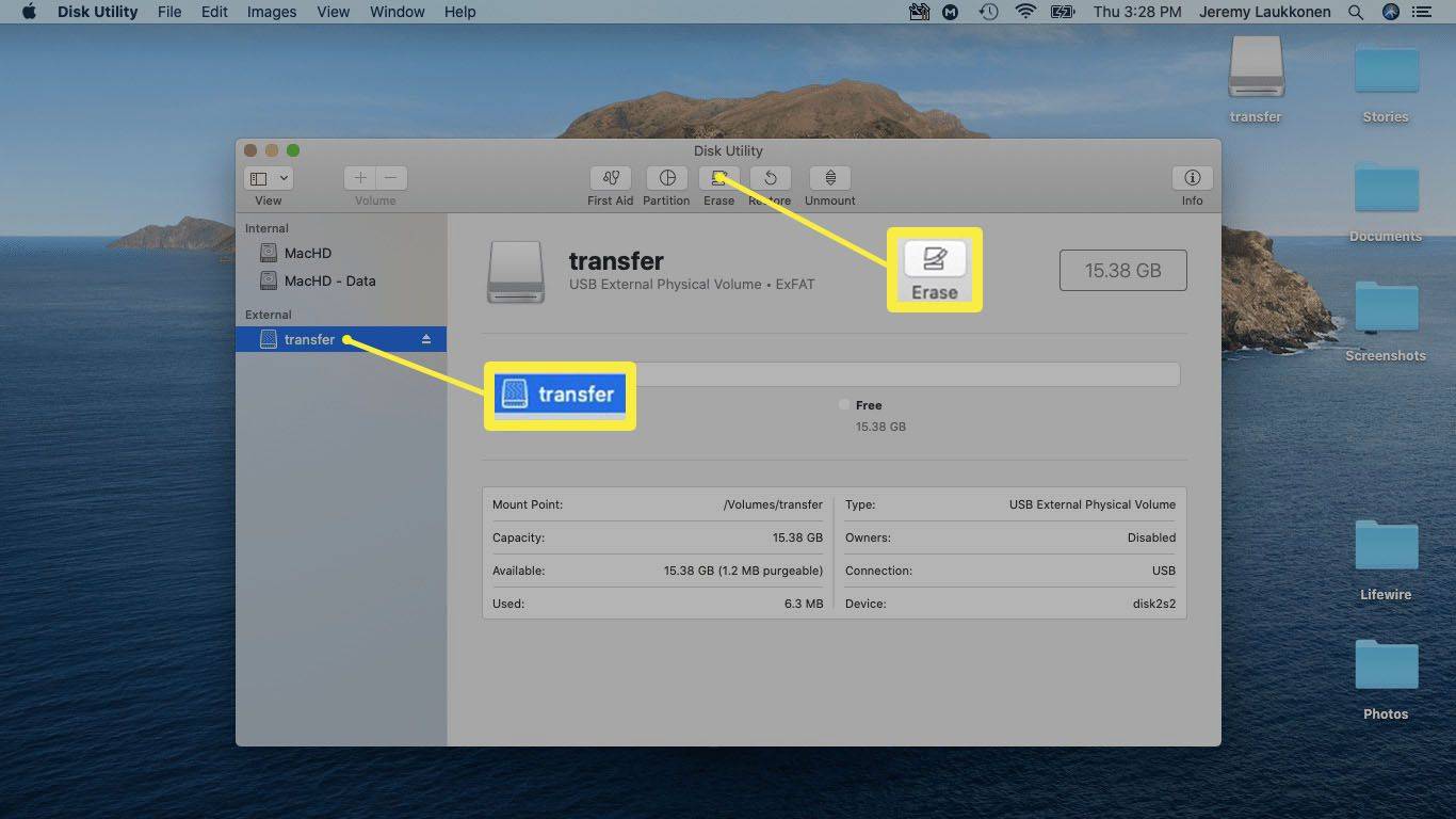 لقطة شاشة لأداة القرص على نظام التشغيل macOS.