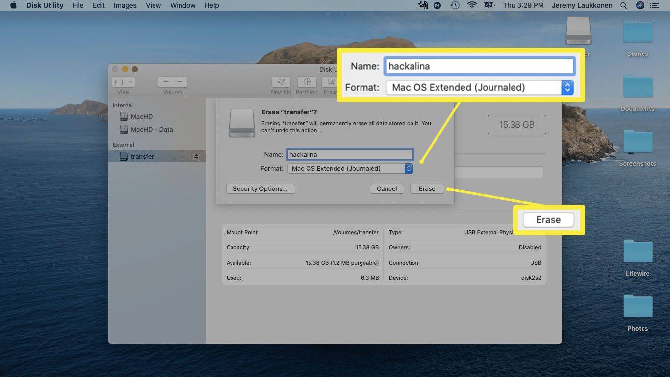 Una captura de pantalla sobre cómo borrar una unidad USB en macOS.
