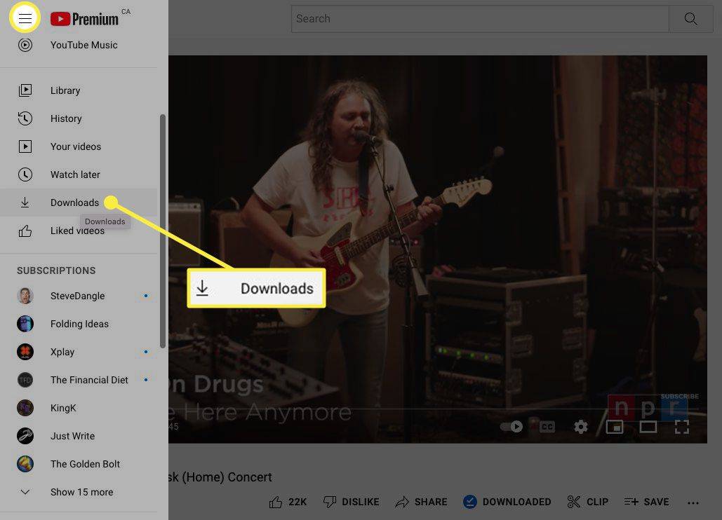 Fila Descărcări evidențiată în YouTube Premium.