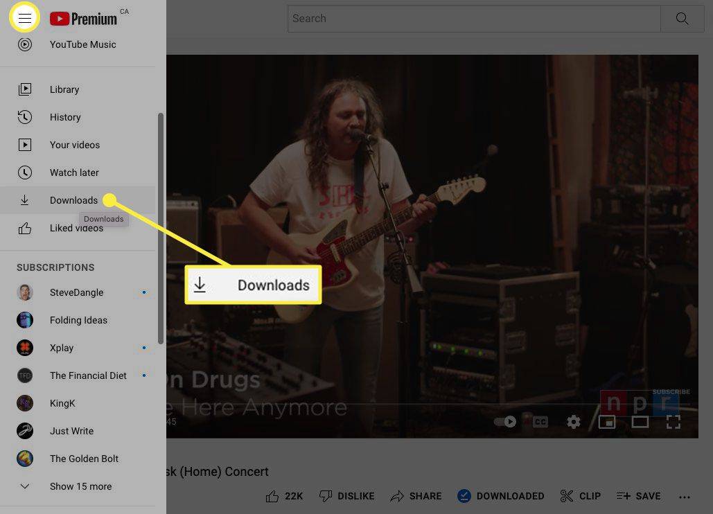 Tab Unduhan disorot di YouTube Premium.