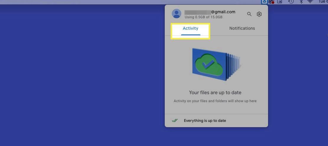 Icône de la barre de menus de Google Drive for Desktop ouverte avec Activité en surbrillance