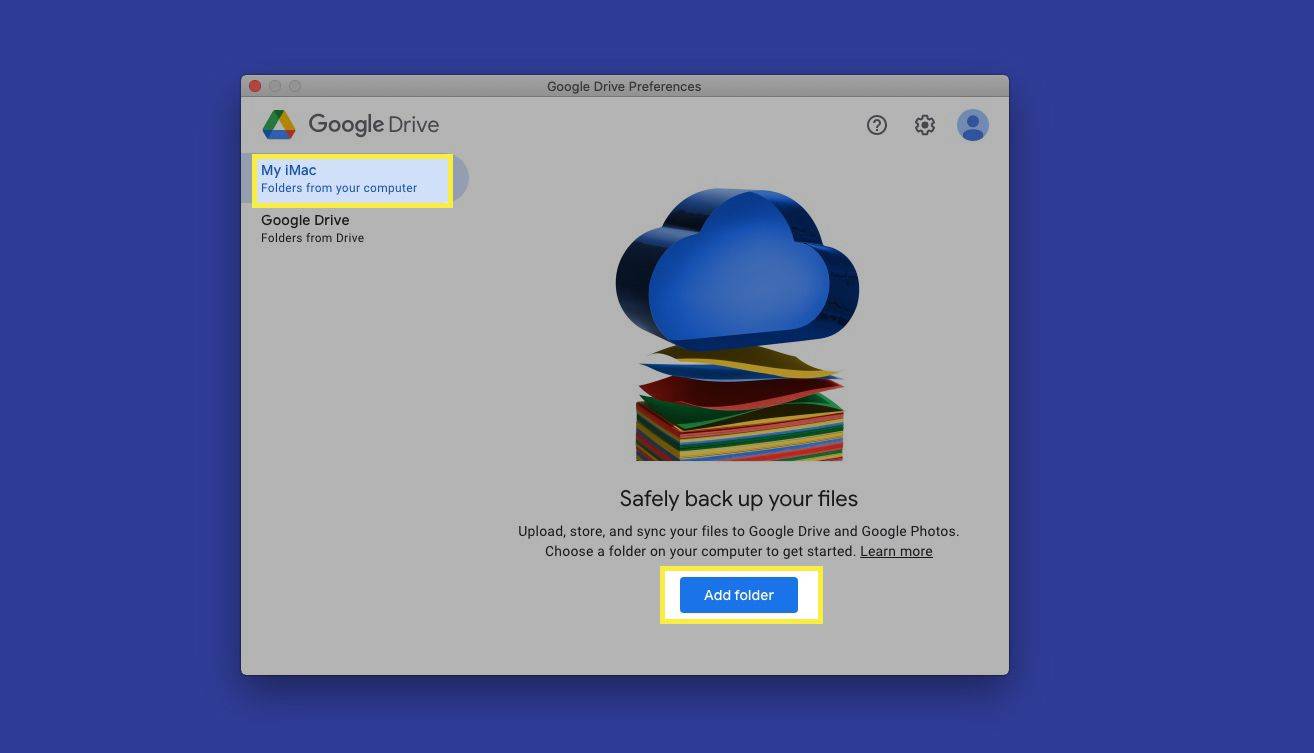 Mga kagustuhan sa Google Drive na may Mac at Add Folder na naka-highlight