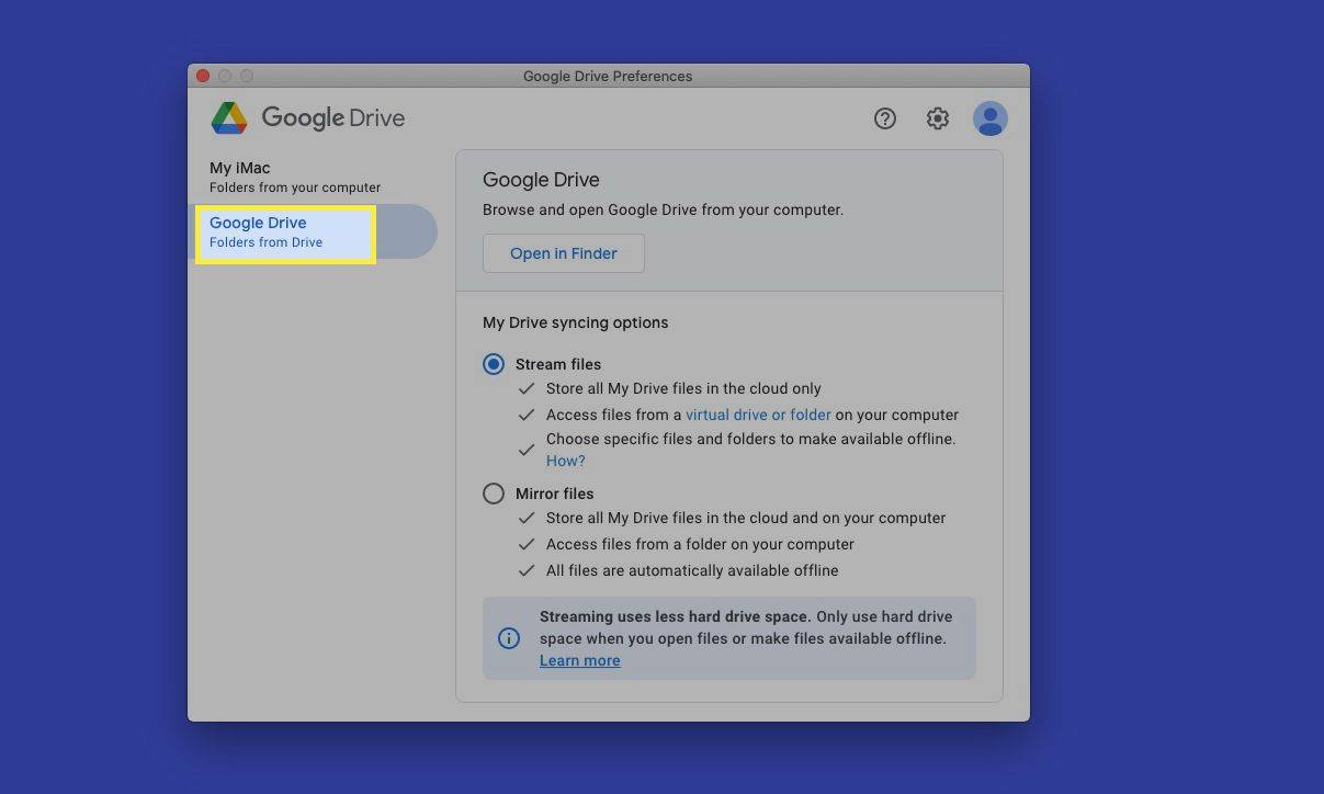 Preferències de Google Drive amb la pestanya de Google Drive destacada