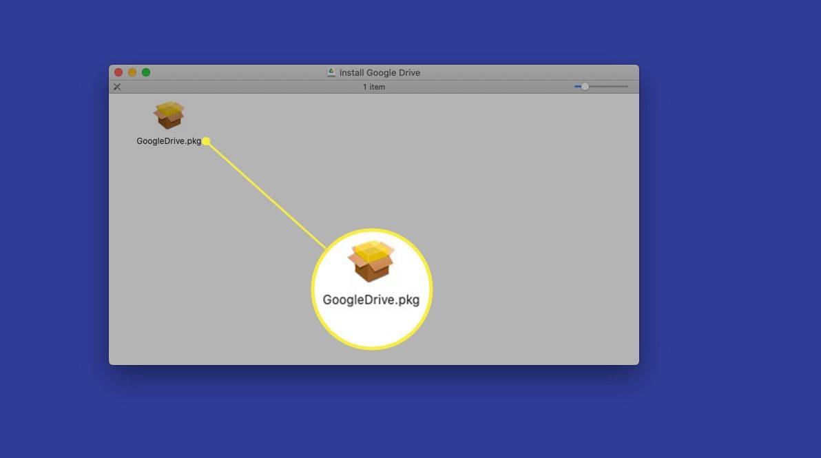 Soubor GoogleDrive.pkg zvýrazněný na ploše Mac