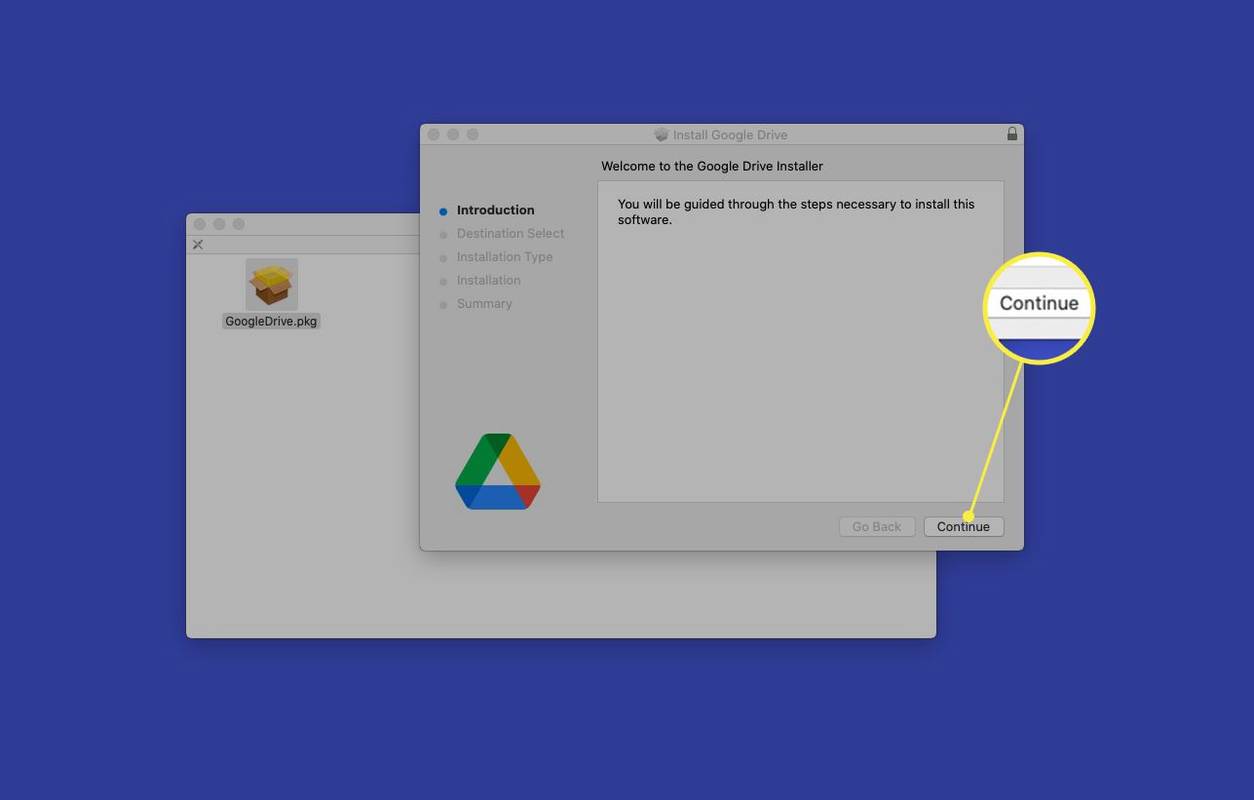 Nastavi označeno u prozoru programa za instalaciju Google diska