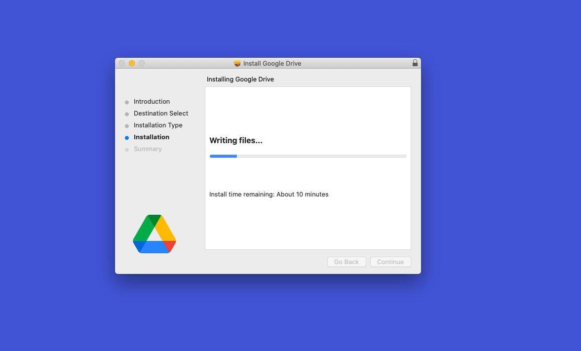 Google Drive installationsproces med skærmbjælke
