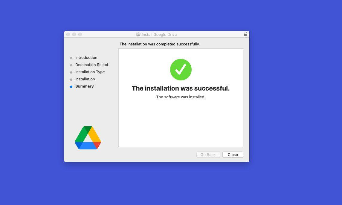 Επιτυχές μήνυμα εγκατάστασης Google Drive
