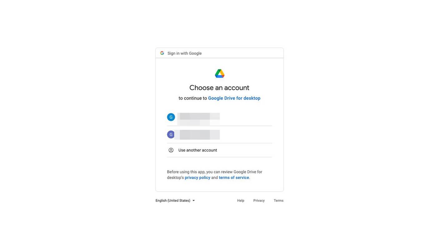 Google Pumili ng screen ng account upang magpatuloy sa Google Drive para sa Desktop