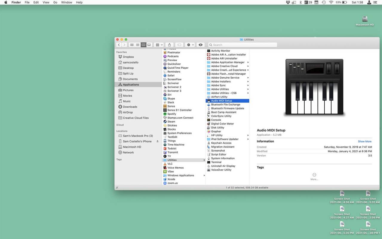 오디오 MIDI 설정 앱을 보여주는 Finder 스크린샷