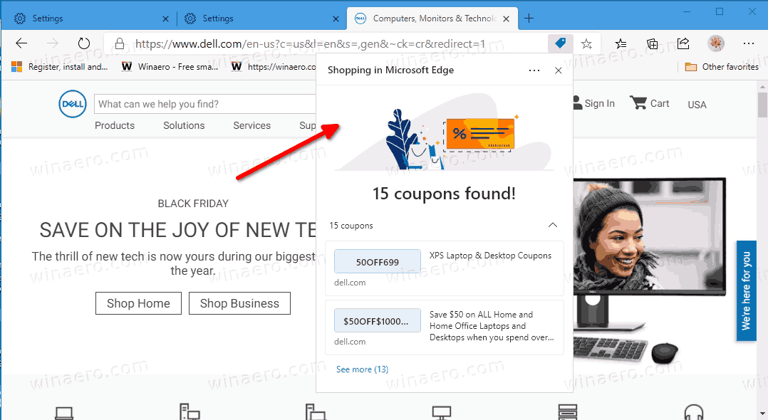Microsoft Edge kupong Forslag Shopping Feature