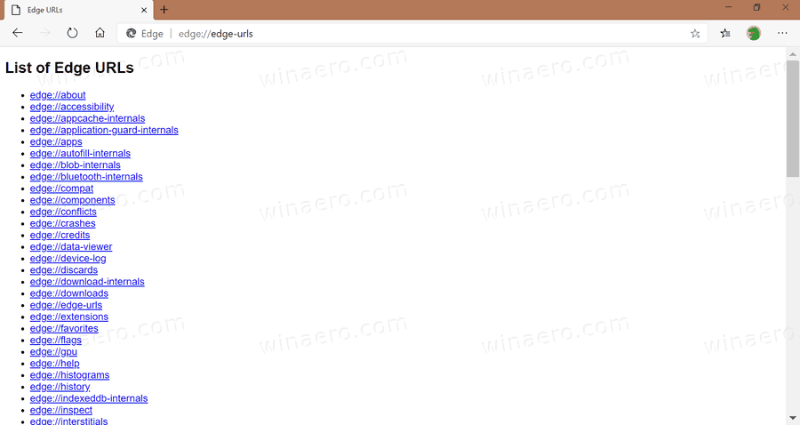 Microsoft Edge Internal URLs
