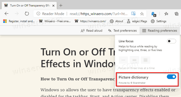 Microsoft Edge Luba pildisõnastik kaasahaarava lugeja jaoks