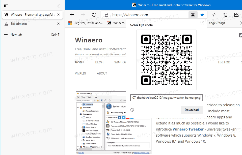QR pro obrázek v Microsoft Edge