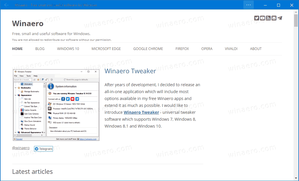 Microsoft Edge Winaero v fokusnem načinu