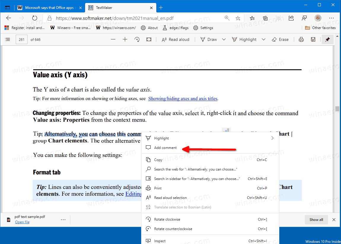 Edge Afegeix un comentari a la selecció de PDF