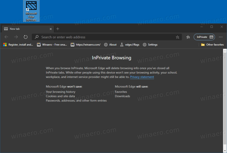 Pintasan Microsoft Edge InPrivate Sedang Beraksi