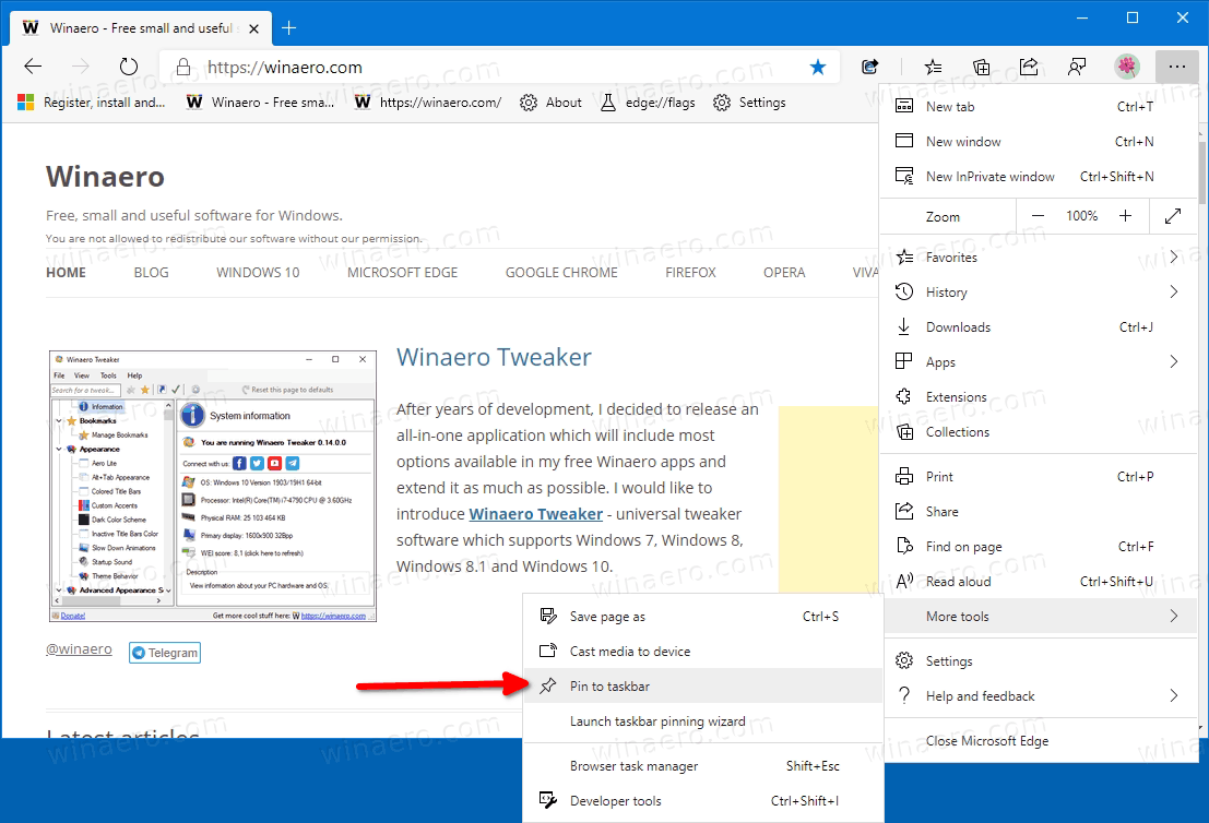 Microsoft Edge Odepnij przypiętą witrynę