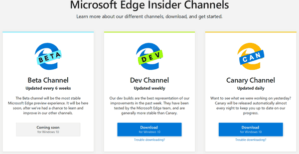 דף ההורדה של Microsoft Edge
