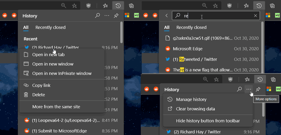 Microsoft Edge의 기록 단추 메뉴