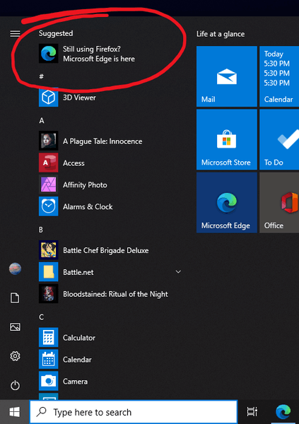 اقتراحات قائمة ابدأ Edge في Windows 10 (1)