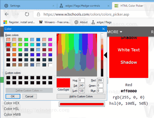 Okno dialogowe starego koloru przeglądarki Microsoft Edge