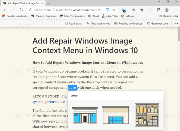 Kamus Gambar Microsoft Edge Dalam Pembaca yang Aktif Dalam Tindakan