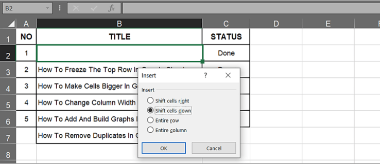 Solujen siirtäminen alaspäin Excelissä