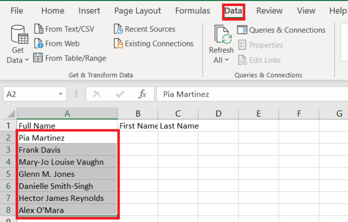 Karta Údaje programu Excel