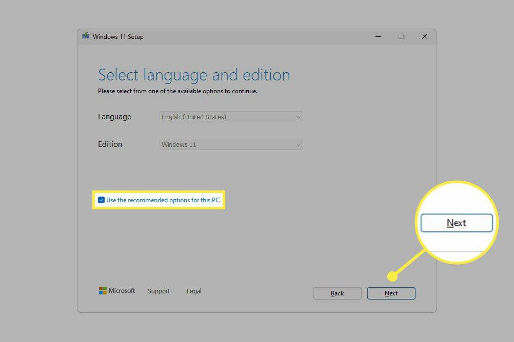 בחירת שפת ההתקנה והמהדורה של Windows 11 מודגשת.