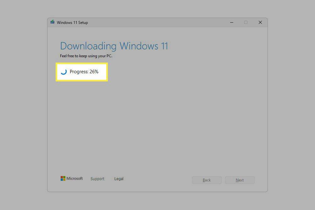 Zvýraznený priebeh sťahovania systému Windows 11.