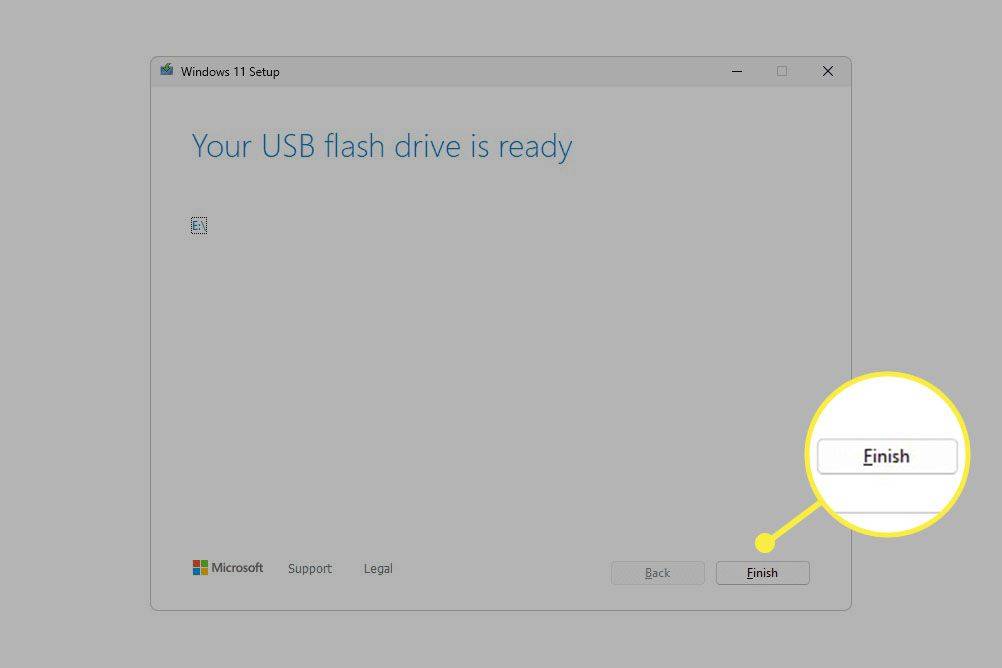 A Befejezés gomb kiemelve, amikor az USB flash meghajtó készen áll.