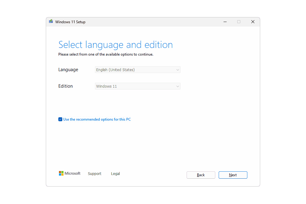 Windows 11 opsætningssprog og valg af udgave
